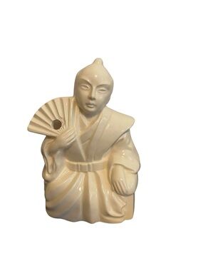 Orchids of Hawaii Japanese Figure Tiki Mug Cream Ceramic Samurai Fan Vintage